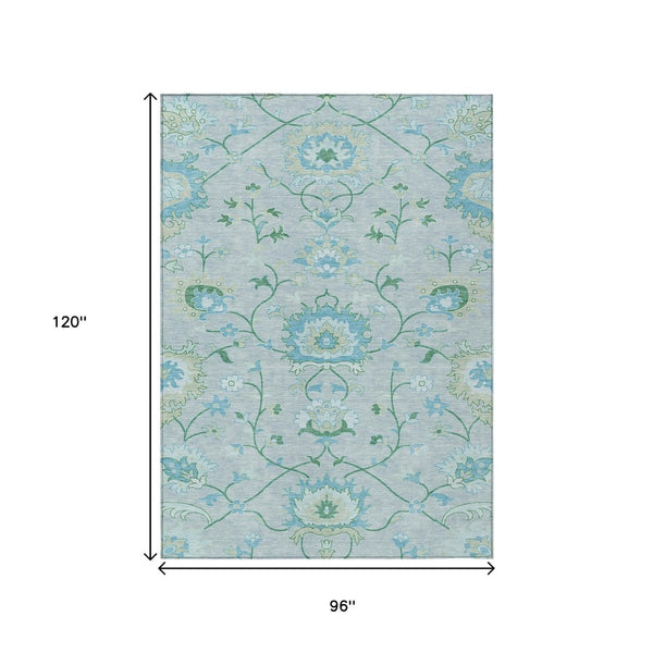 HomeRoots 8' X 10' Washable Floral Area Rug in Mint Green, Teal Blue & Ivory for Indoor/Outdoor Style & Durability 657976