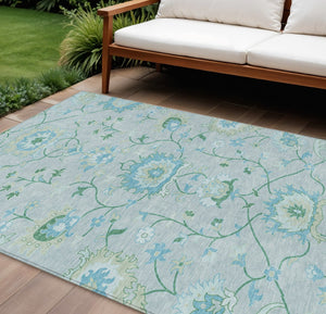 HomeRoots 10' Indoor Outdoor Area Rug in Mint Green, Teal Blue & Ivory Floral Design – Durable & Washable! 657978