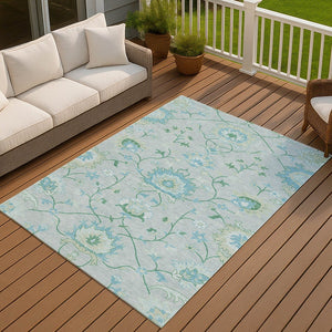 HomeRoots 10' Indoor Outdoor Area Rug in Mint Green, Teal Blue & Ivory Floral Design – Durable & Washable! 657978