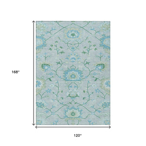 HomeRoots 10' Indoor Outdoor Area Rug in Mint Green, Teal Blue & Ivory Floral Design – Durable & Washable! 657978