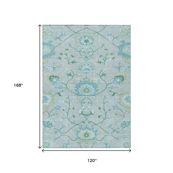 HomeRoots 10' Indoor Outdoor Area Rug in Mint Green, Teal Blue & Ivory Floral Design – Durable & Washable! 657978