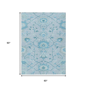 HomeRoots 5' Sky Blue & Ivory Floral Area Rug - Durable, Machine Washable for Indoor/Outdoor Use, Stylish & Easy Care 657986