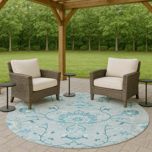 HomeRoots 8' Sky Blue and Ivory Round Floral Area Rug - Durable, Washable, Perfect for Indoor & Outdoor Spaces 657987