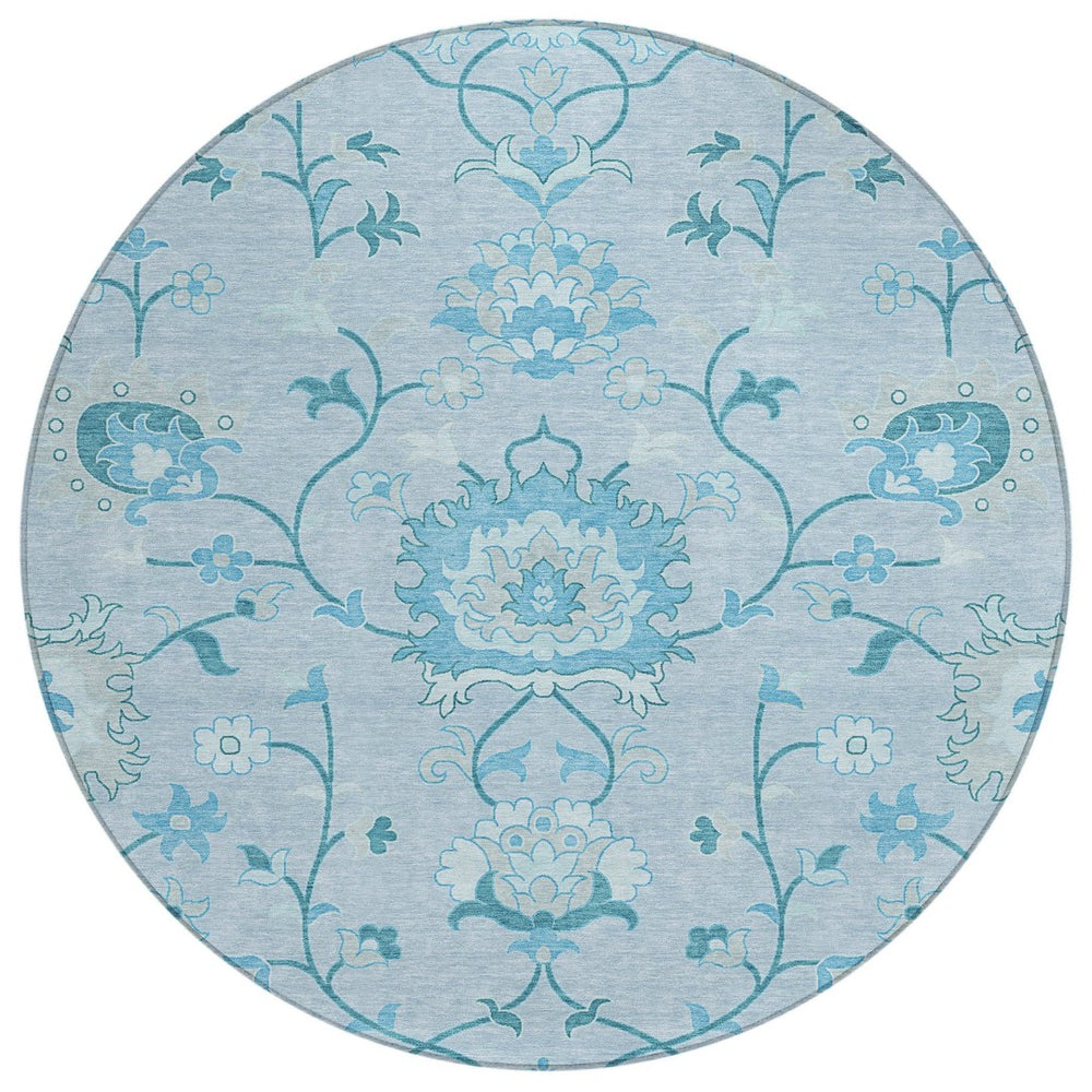 HomeRoots 8' Sky Blue and Ivory Round Floral Area Rug - Durable, Washable, Perfect for Indoor & Outdoor Spaces 657987