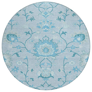 HomeRoots 8' Sky Blue and Ivory Round Floral Area Rug - Durable, Washable, Perfect for Indoor & Outdoor Spaces 657987