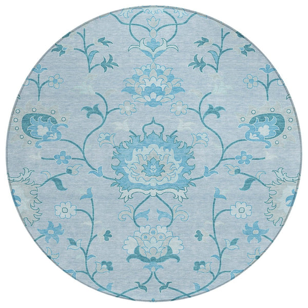 HomeRoots 8' Sky Blue and Ivory Round Floral Area Rug - Durable, Washable, Perfect for Indoor & Outdoor Spaces 657987