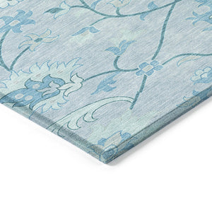HomeRoots 8' Sky Blue and Ivory Round Floral Area Rug - Durable, Washable, Perfect for Indoor & Outdoor Spaces 657987