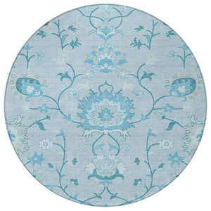 HomeRoots 8' Sky Blue and Ivory Round Floral Area Rug - Durable, Washable, Perfect for Indoor & Outdoor Spaces 657987