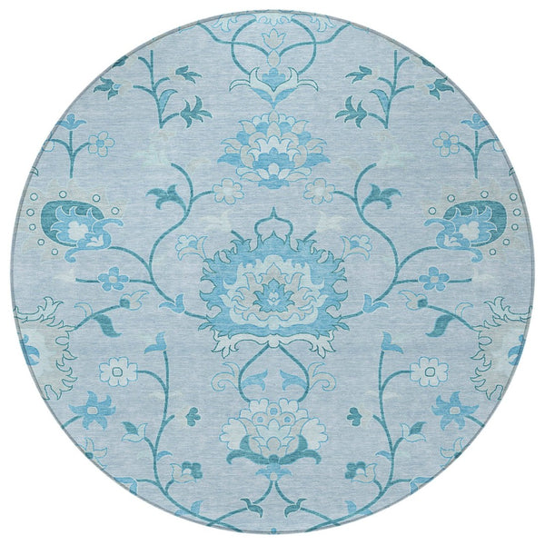 HomeRoots 8' Sky Blue and Ivory Round Floral Area Rug - Durable, Washable, Perfect for Indoor & Outdoor Spaces 657987