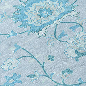 HomeRoots 8' Sky Blue and Ivory Round Floral Area Rug - Durable, Washable, Perfect for Indoor & Outdoor Spaces 657987