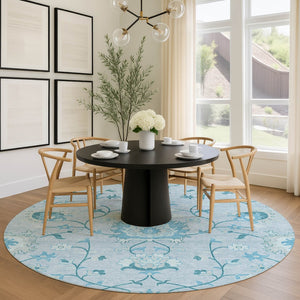 HomeRoots 8' Sky Blue and Ivory Round Floral Area Rug - Durable, Washable, Perfect for Indoor & Outdoor Spaces 657987