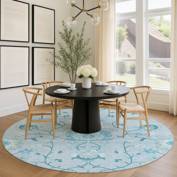 HomeRoots 8' Sky Blue and Ivory Round Floral Area Rug - Durable, Washable, Perfect for Indoor & Outdoor Spaces 657987