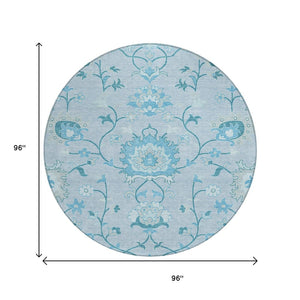 HomeRoots 8' Sky Blue and Ivory Round Floral Area Rug - Durable, Washable, Perfect for Indoor & Outdoor Spaces 657987