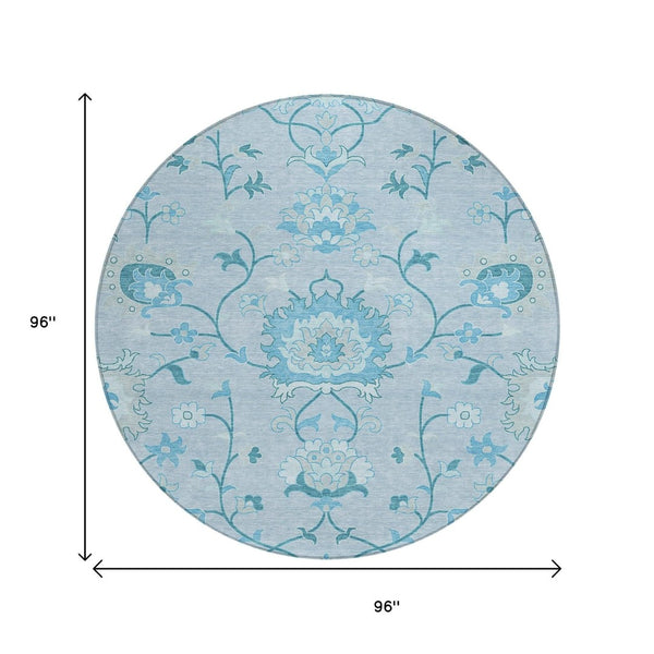 HomeRoots 8' Sky Blue and Ivory Round Floral Area Rug - Durable, Washable, Perfect for Indoor & Outdoor Spaces 657987