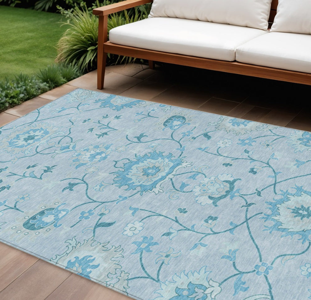 HomeRoots 8' X 10' Sky Blue & Ivory Floral Washable Area Rug – Stylish, Durable Design for Indoor & Outdoor Use! 657988