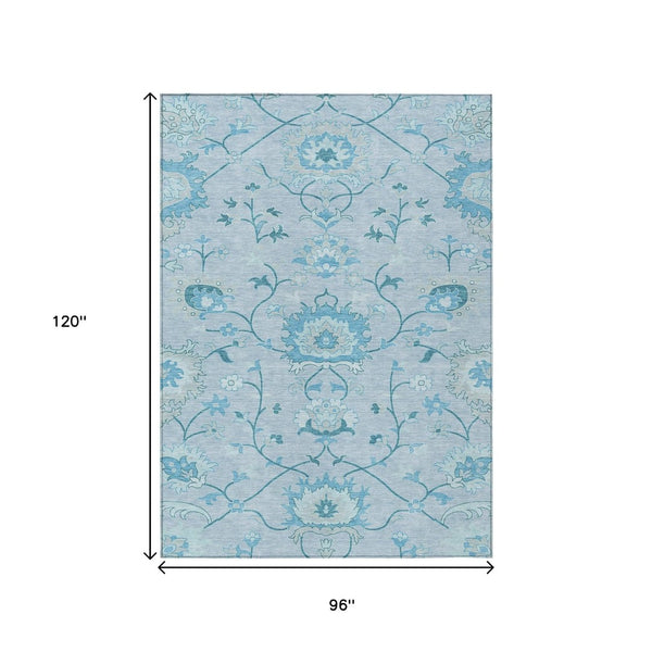 HomeRoots 8' X 10' Sky Blue & Ivory Floral Washable Area Rug – Stylish, Durable Design for Indoor & Outdoor Use! 657988