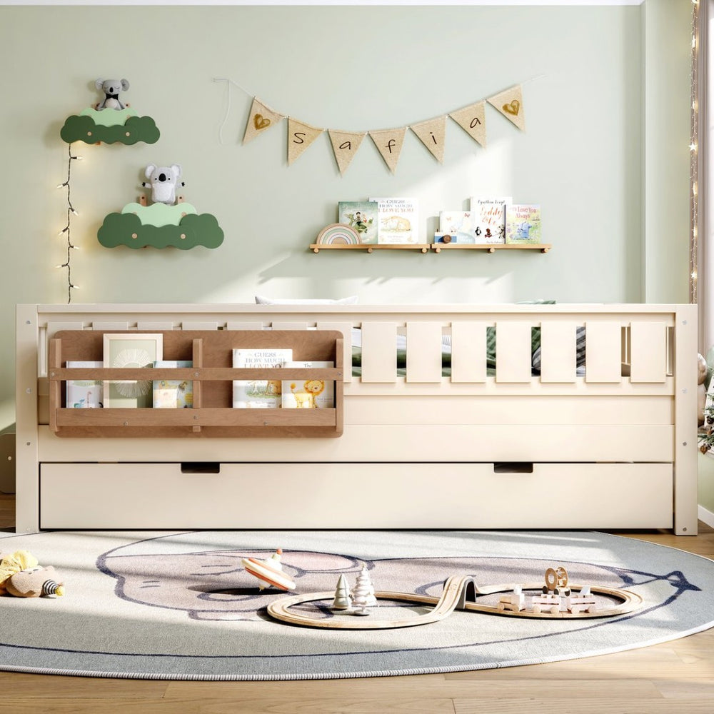 English Elm Twin Kids Platform Bed with Trundle Staircase Bookshelf and Rounded Safety Rails Beige W1580S00559