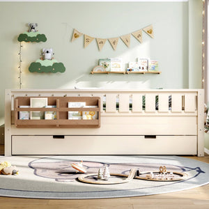 English Elm Twin Kids Platform Bed with Trundle Staircase Bookshelf and Rounded Safety Rails Beige W1580S00559