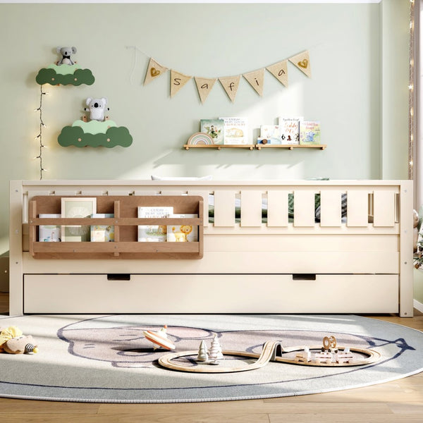 English Elm Twin Kids Platform Bed with Trundle Staircase Bookshelf and Rounded Safety Rails Beige W1580S00559