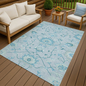 HomeRoots 10' Sky Blue and Ivory Floral Area Rug - Stylish, Washable, Indoor/Outdoor, Durable, Easy-Clean Design 657990