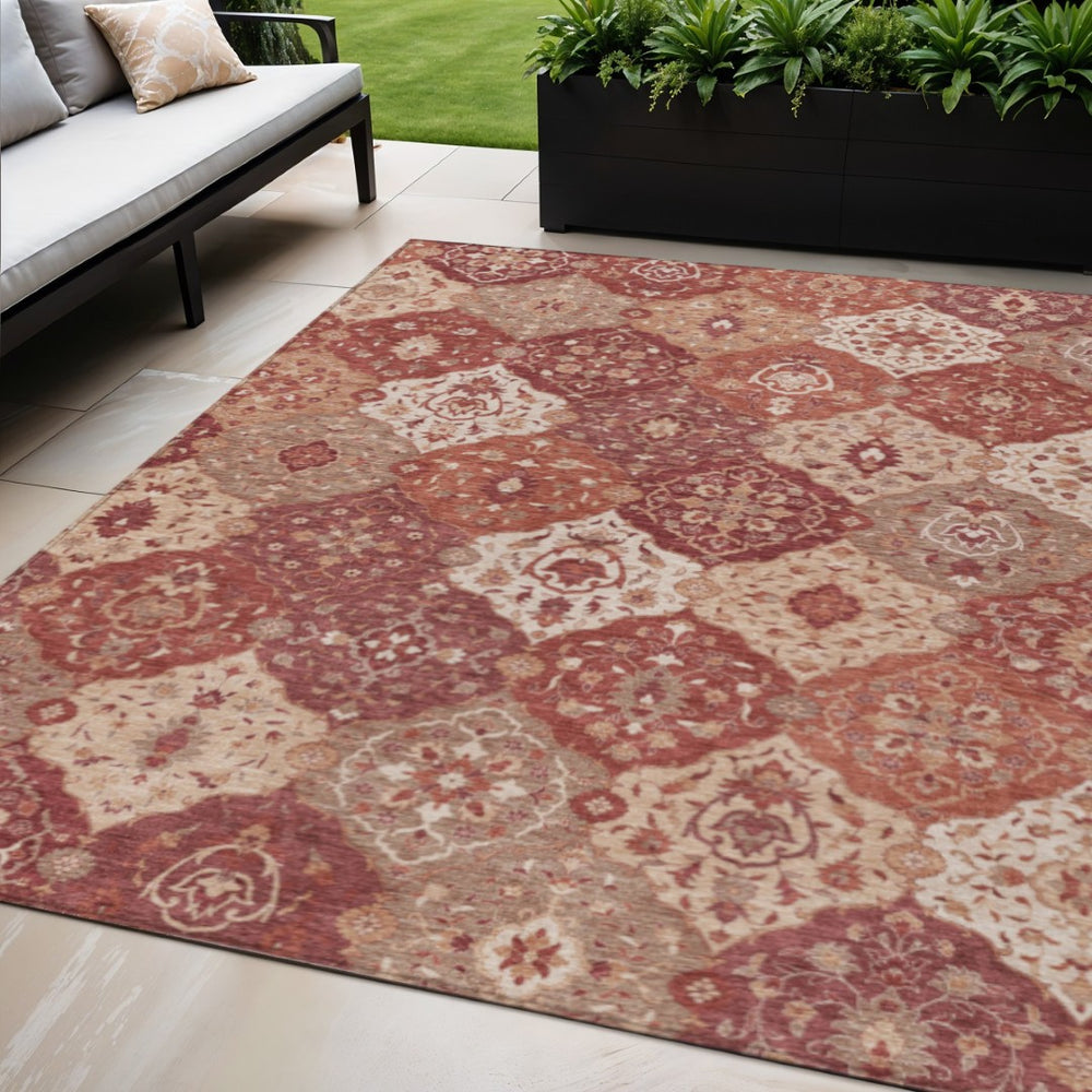 HomeRoots 5' X 8' Elegant Rust Burgundy & Ivory Floral Medallion Area Rug - Washable, Indoor/Outdoor Durability 657992