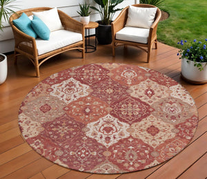 HomeRoots 8' Round Floral Medallion Area Rug in Rust Burgundy & Ivory - Washable, Durable for Indoors & Outdoors 657993