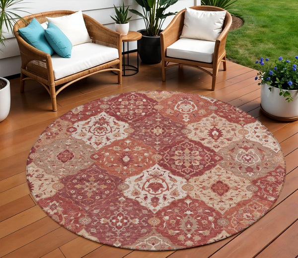 HomeRoots 8' Round Floral Medallion Area Rug in Rust Burgundy & Ivory - Washable, Durable for Indoors & Outdoors 657993