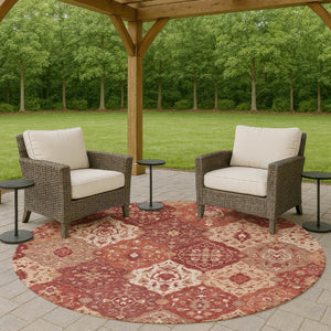 HomeRoots 8' Round Floral Medallion Area Rug in Rust Burgundy & Ivory - Washable, Durable for Indoors & Outdoors 657993