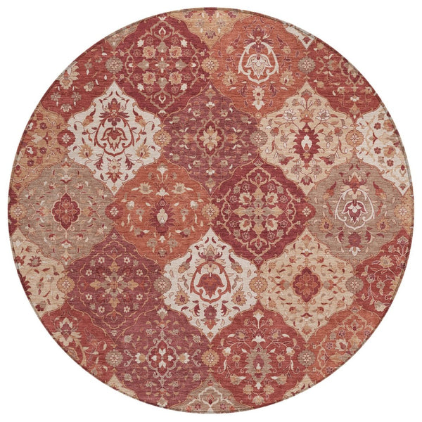 HomeRoots 8' Round Floral Medallion Area Rug in Rust Burgundy & Ivory - Washable, Durable for Indoors & Outdoors 657993