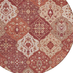 HomeRoots 8' Round Floral Medallion Area Rug in Rust Burgundy & Ivory - Washable, Durable for Indoors & Outdoors 657993