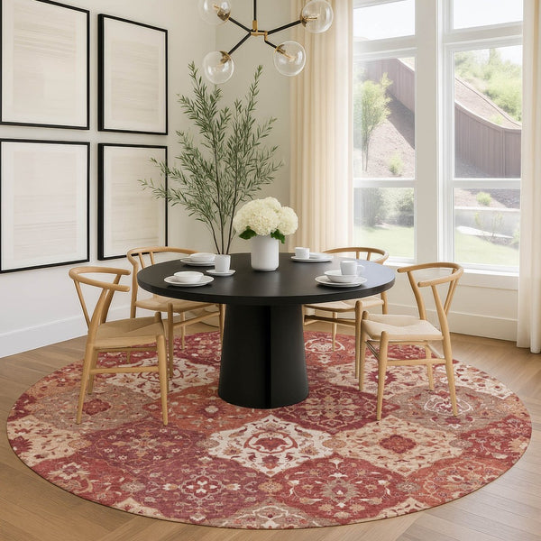 HomeRoots 8' Round Floral Medallion Area Rug in Rust Burgundy & Ivory - Washable, Durable for Indoors & Outdoors 657993