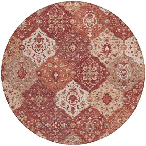 HomeRoots 8' Round Floral Medallion Area Rug in Rust Burgundy & Ivory - Washable, Durable for Indoors & Outdoors 657993