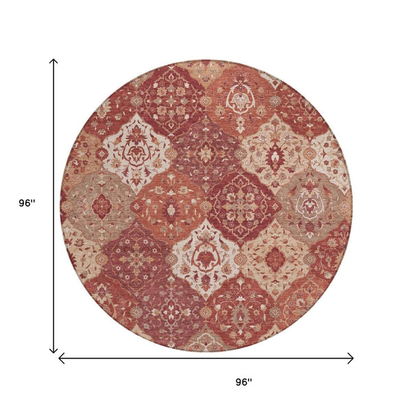 HomeRoots 8' Round Floral Medallion Area Rug in Rust Burgundy & Ivory - Washable, Durable for Indoors & Outdoors 657993