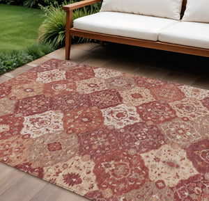 HomeRoots 10' X 14' Floral Medallion Area Rug in Rust Burgundy & Ivory - Washable, Durable, Indoor/Outdoor Use 657996