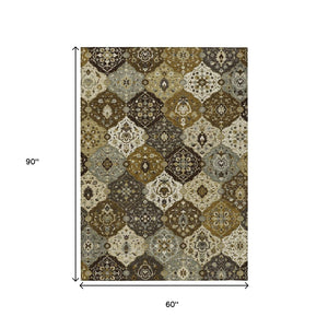 HomeRoots 5' Elegant Brown Gray Gold Floral Medallion Washable Area Rug for Indoor & Outdoor Durability 657998