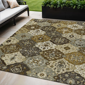HomeRoots 5' Elegant Brown Gray Gold Floral Medallion Washable Area Rug for Indoor & Outdoor Durability 657998