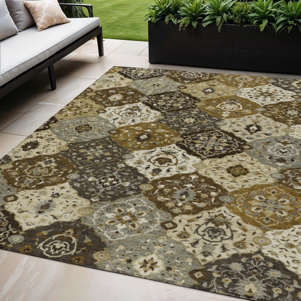 HomeRoots 5' Elegant Brown Gray Gold Floral Medallion Washable Area Rug for Indoor & Outdoor Durability 657998