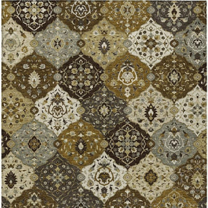 HomeRoots 5' Elegant Brown Gray Gold Floral Medallion Washable Area Rug for Indoor & Outdoor Durability 657998
