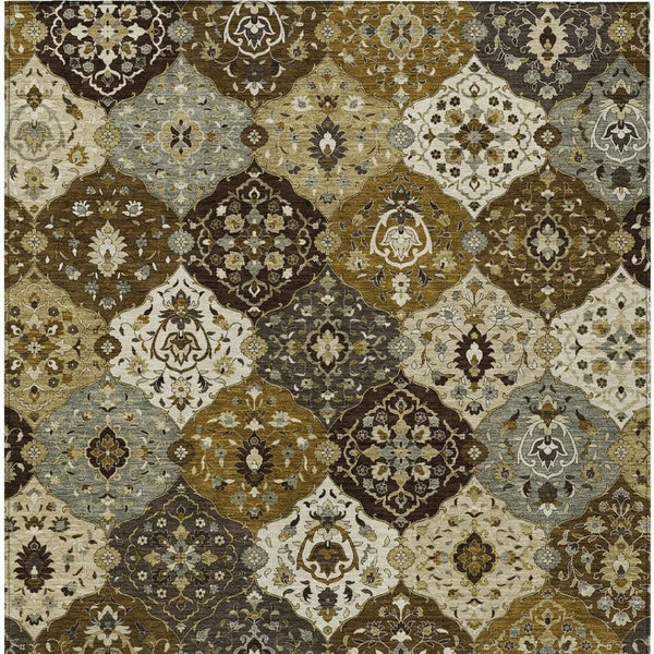 HomeRoots 5' Elegant Brown Gray Gold Floral Medallion Washable Area Rug for Indoor & Outdoor Durability 657998