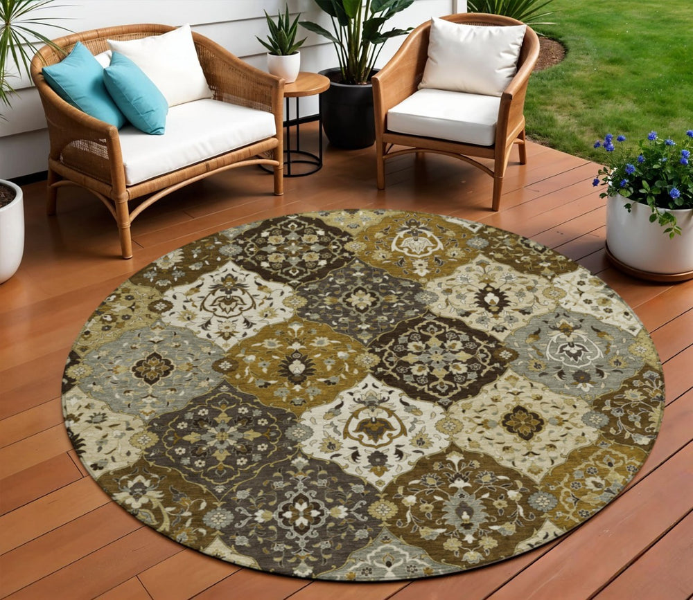 HomeRoots 8' Elegant Brown, Gray & Gold Round Floral Medallion Rug - Washable for Indoor/Outdoor Use! 657999