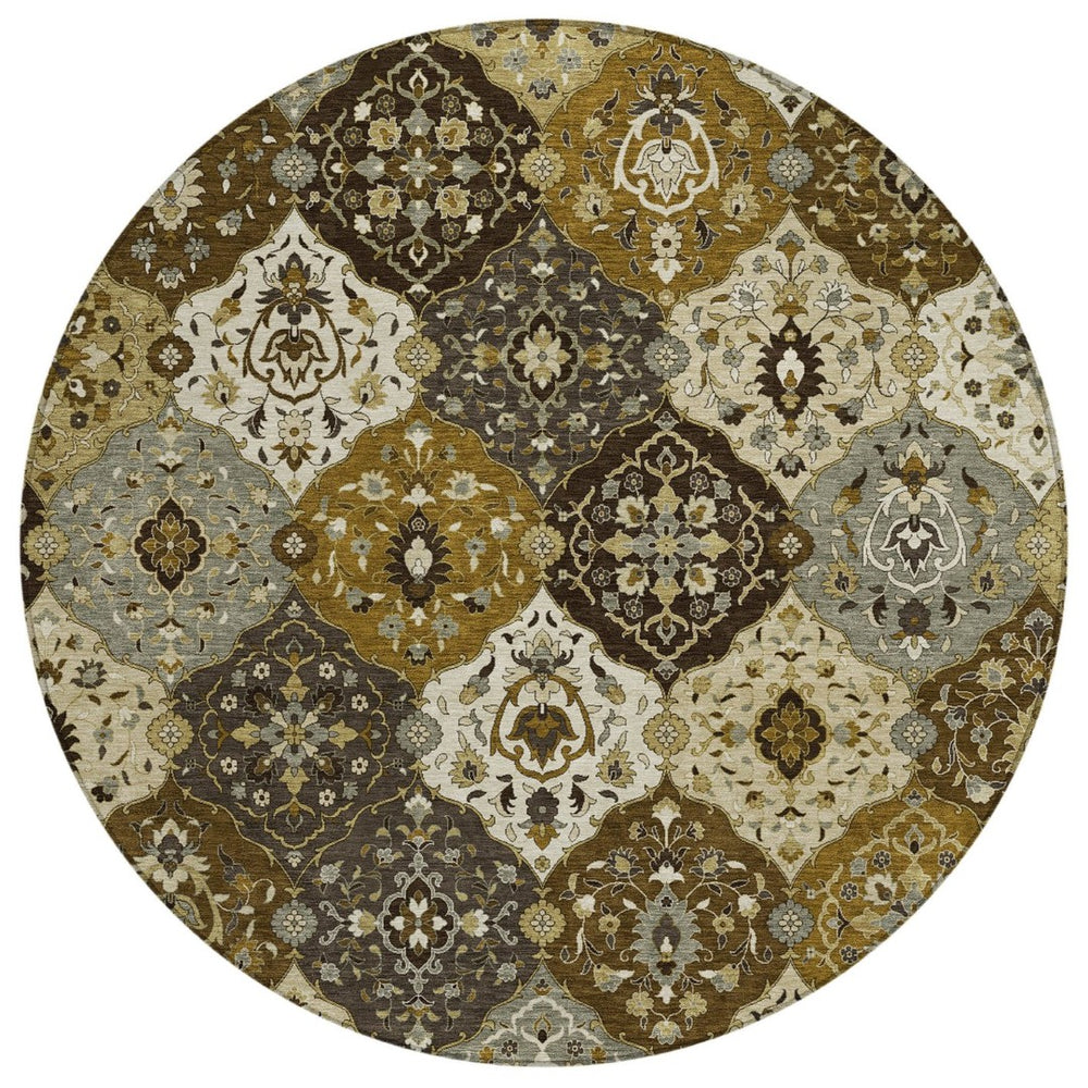 HomeRoots 8' Elegant Brown, Gray & Gold Round Floral Medallion Rug - Washable for Indoor/Outdoor Use! 657999