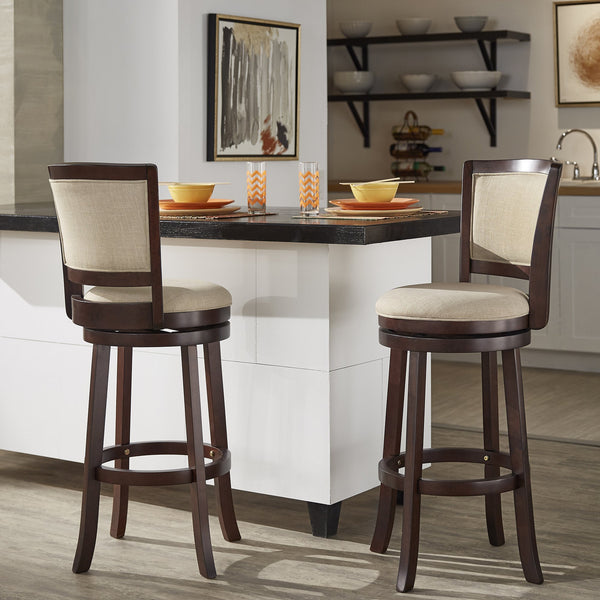 Swivel Barstool with Panel Back Foam Seat and Linen Beige Upholstery