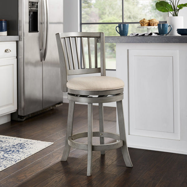 Hardwood Swivel Counter Stool with Slat Back and Padded Upholstered Seat for Kitchen