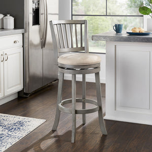 Slat Back Swivel Bar Stool with Cushioned Seat and Rubberwood Frame for Kitchen