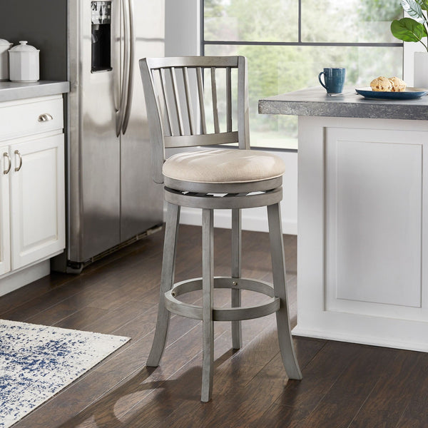 Slat Back Swivel Bar Stool with Cushioned Seat and Rubberwood Frame for Kitchen