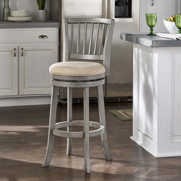 Slat Back Swivel Bar Stool with Cushioned Seat and Rubberwood Frame for Kitchen