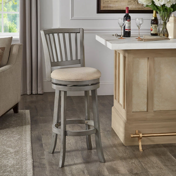 Slat Back Swivel Bar Stool with Cushioned Seat and Rubberwood Frame for Kitchen