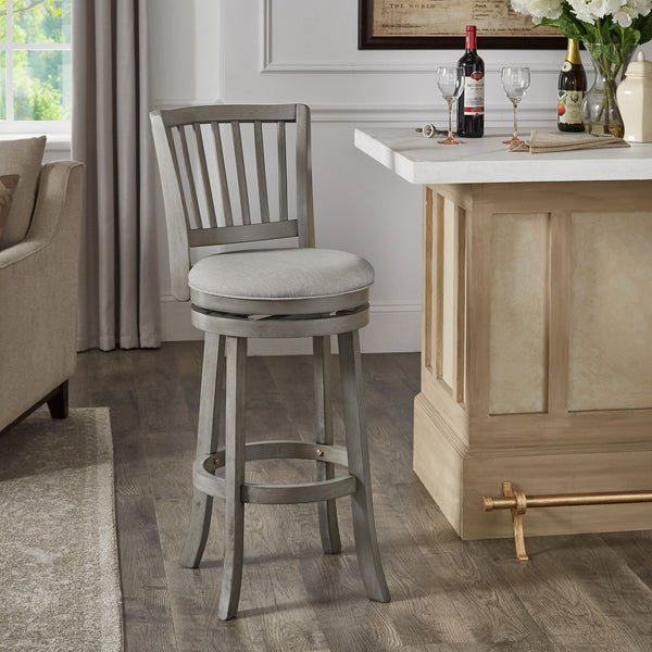 Slat Back Swivel Bar Stool with Cushioned Seat and Rubberwood Frame for Kitchen