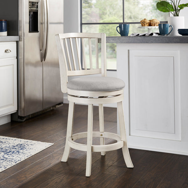 Hardwood Swivel Counter Stool Slatted Back Upholstered Seat for Kitchen or Bar Area
