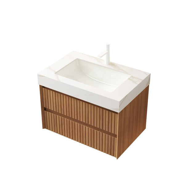 English Elm Tilley 30" Wall-Mounted Bathroom Vanity With Calacatta Gold Top, Soft-Close Drawers, Brown Oak Finish W2615S00314-GIGA